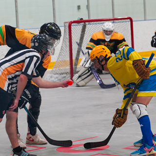 Kids playing ball hockey.